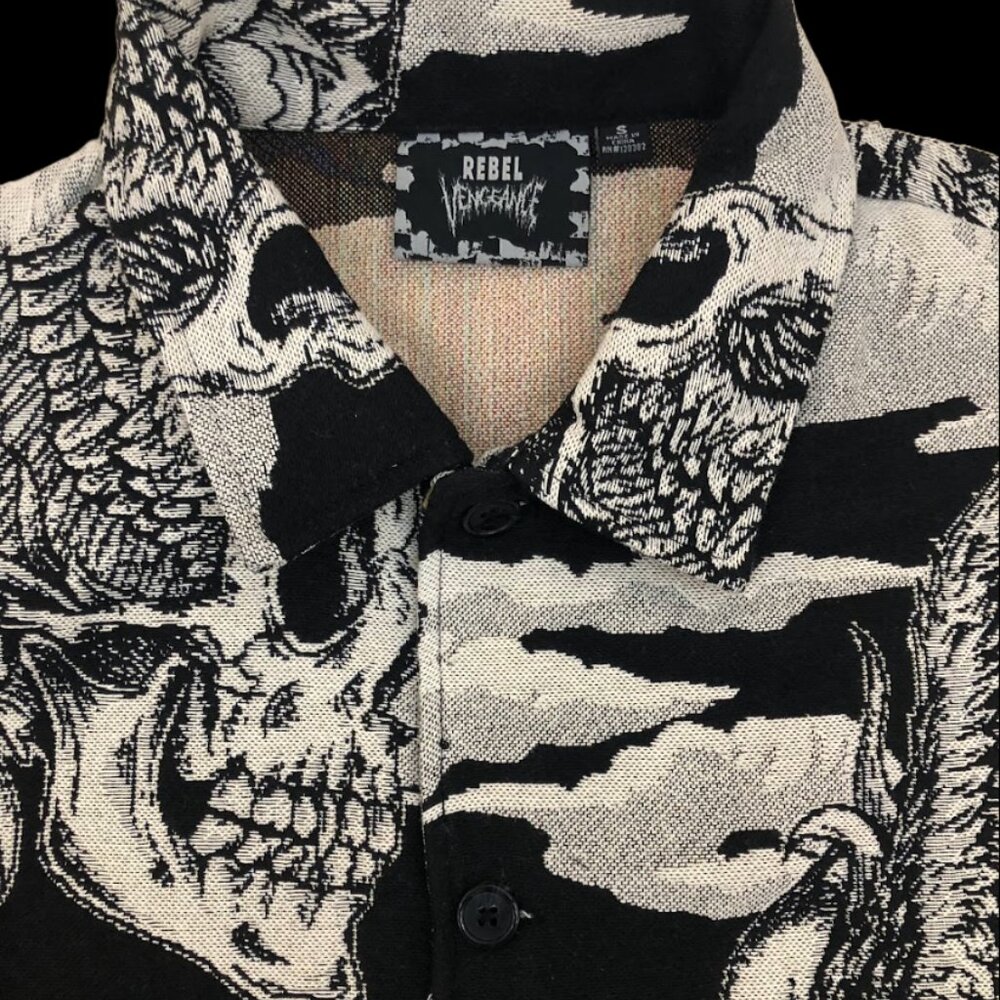 Rebel Vengeance Winged Skull Tapestry Jacket, Gothic Designer Streetwear Art - Picture 3 of 7